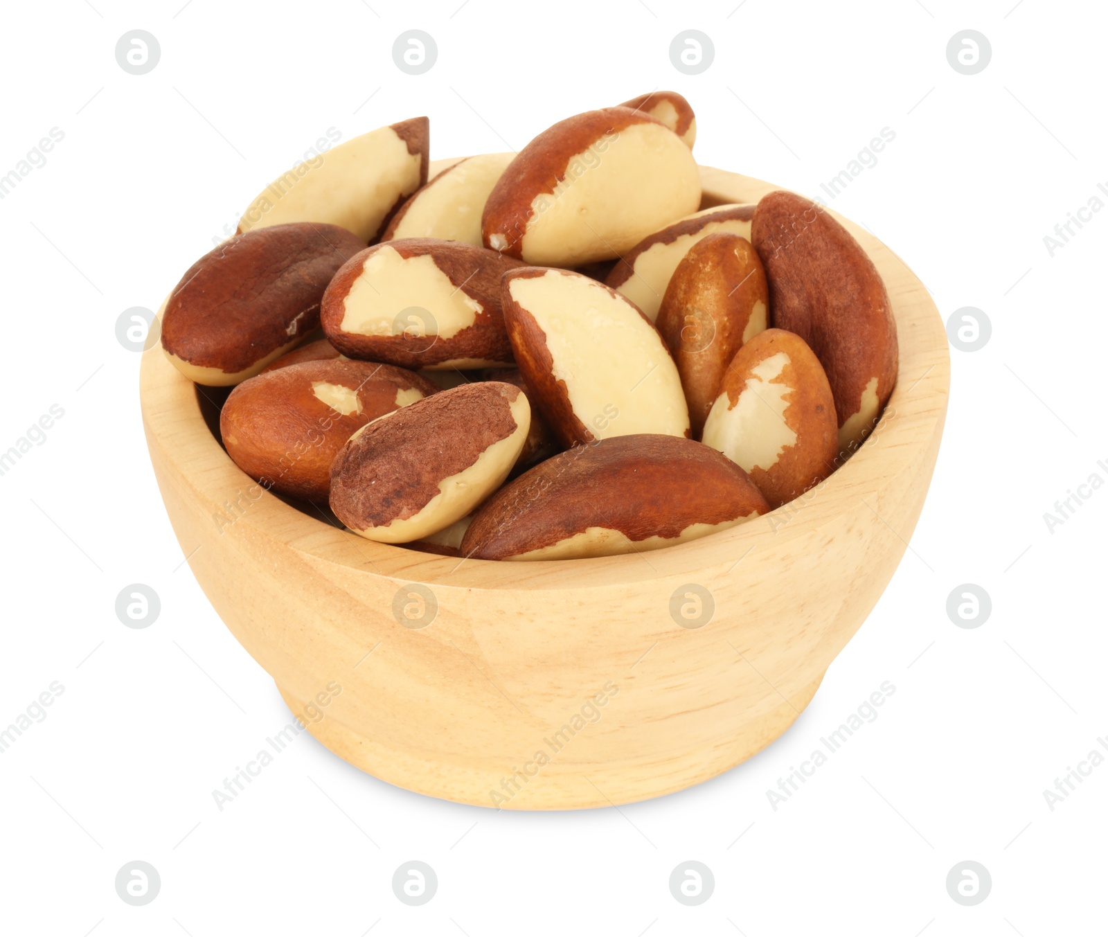 Photo of Tasty Brazil nuts in bowl isolated on white