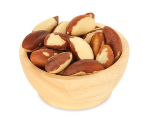 Photo of Tasty Brazil nuts in bowl isolated on white