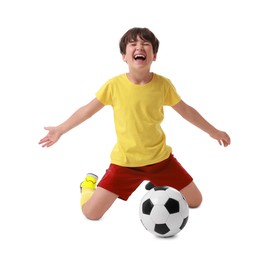 Emotional football player with soccer ball on white background