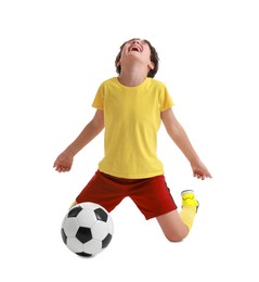 Emotional football player with soccer ball on white background