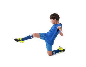 Boy with soccer ball playing football on white background