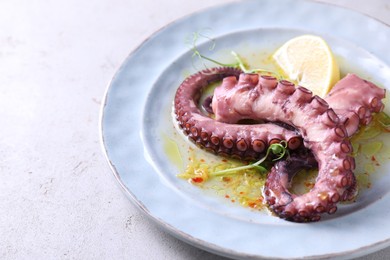 Photo of Appetizing octopus tentacles on light table, closeup