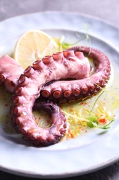 Photo of Appetizing octopus tentacles on light table, closeup