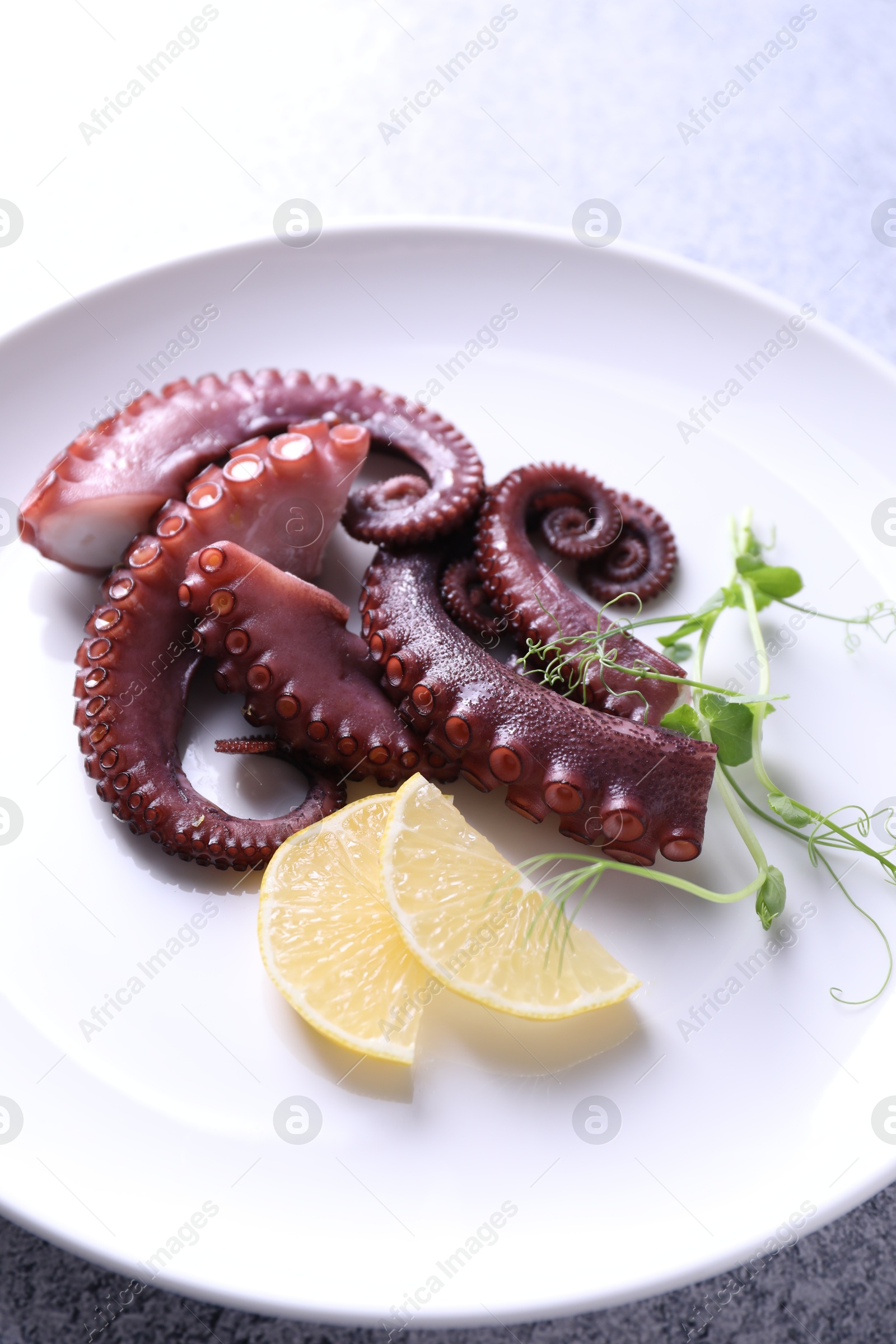 Photo of Appetizing octopus tentacles on grey table, closeup