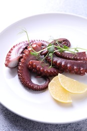 Photo of Appetizing octopus tentacles on grey table, closeup