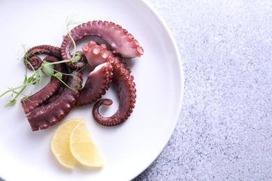 Photo of Appetizing octopus tentacles on grey table, top view