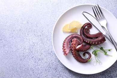 Appetizing octopus tentacles served on grey table, top view. Space for text