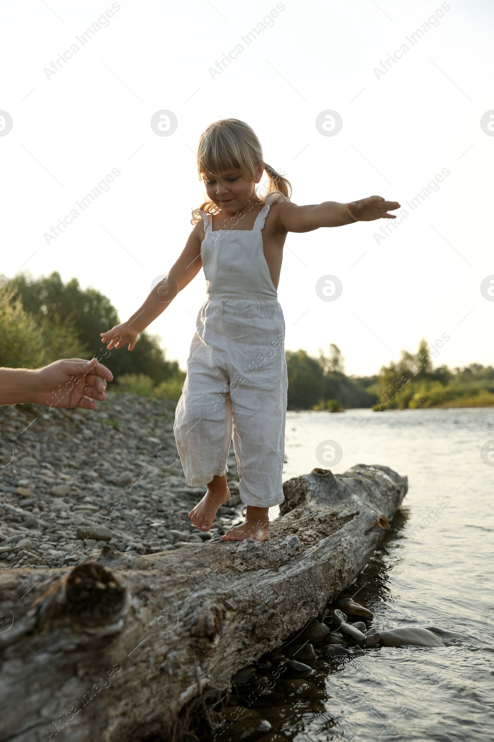 Photo of Cute little girl walking along tree trunk near river. Child enjoying beautiful nature