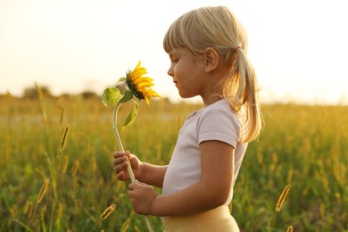 Photo of Cute little girl with sunflower at meadow. Child enjoying beautiful nature