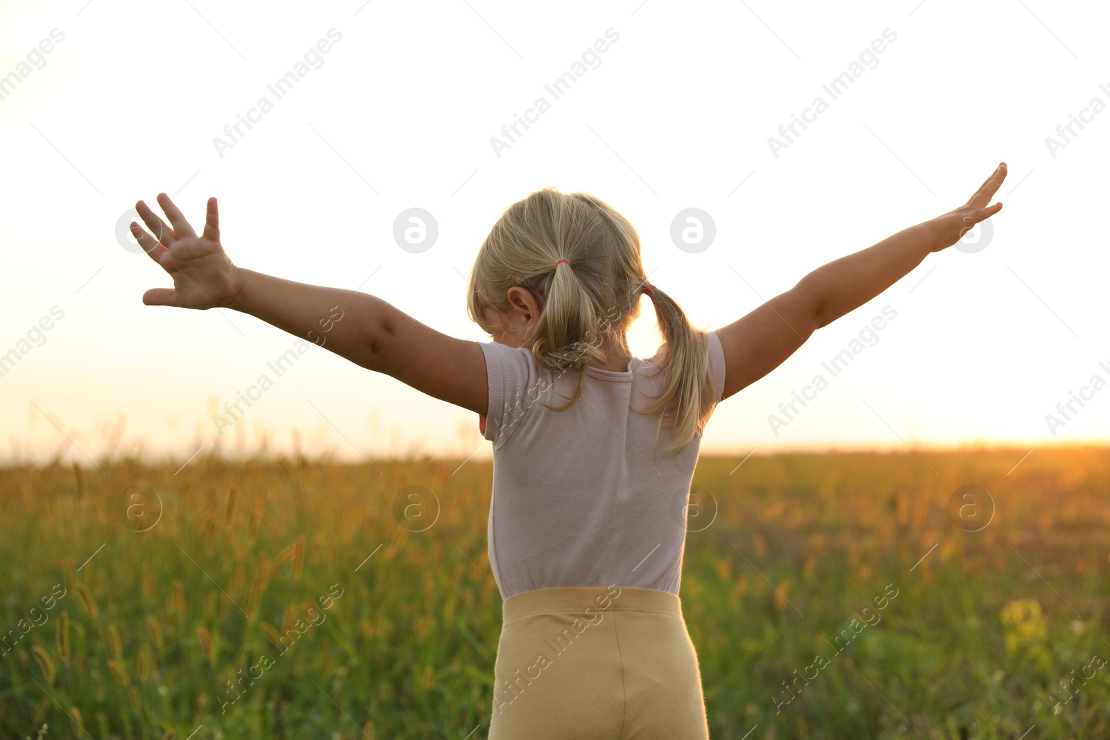 Photo of Cute little girl at meadow, back view. Child enjoying beautiful nature