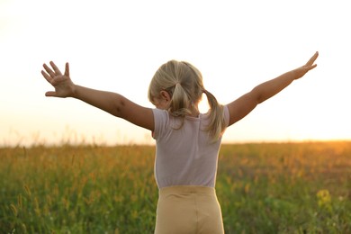 Cute little girl at meadow, back view. Child enjoying beautiful nature