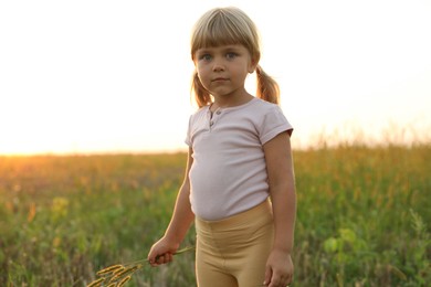 Cute little girl with plants at meadow. Child enjoying beautiful nature