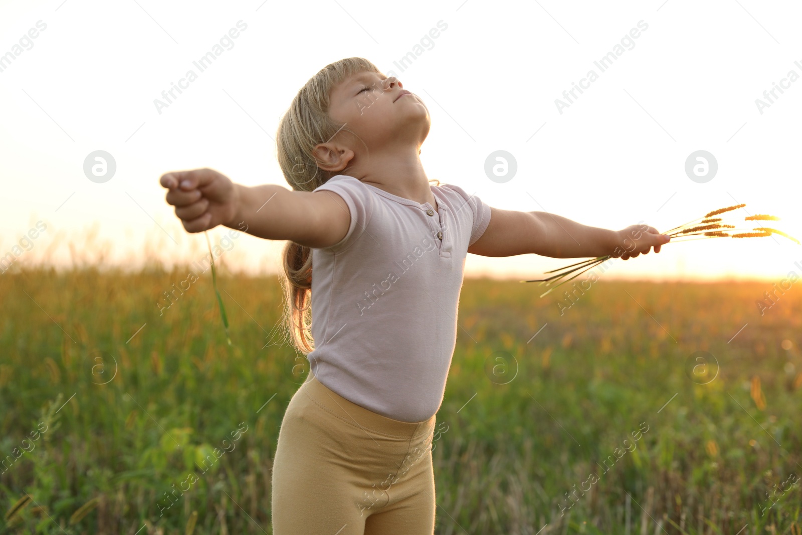 Photo of Cute little girl with plants at meadow. Child enjoying beautiful nature