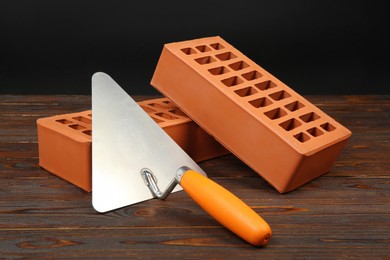 Red bricks and putty knife on wooden table. Building material