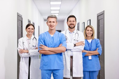 Portrait of smiling healthcare workers in hospital