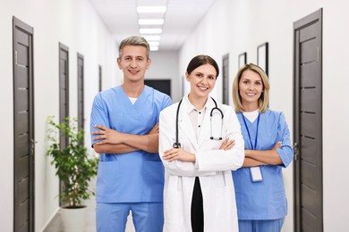 Portrait of smiling healthcare workers in hospital