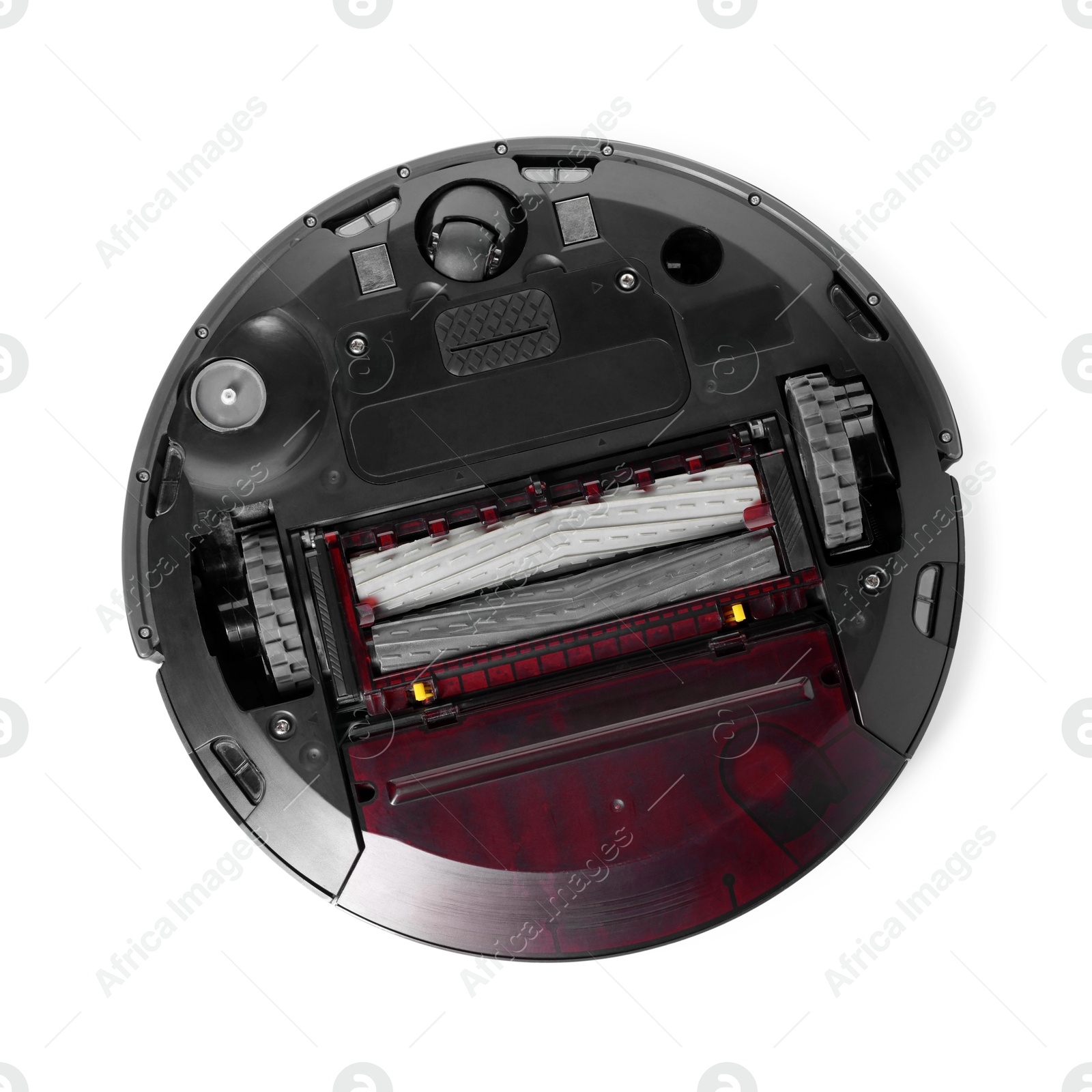 Photo of One robotic vacuum cleaner isolated on white, top view