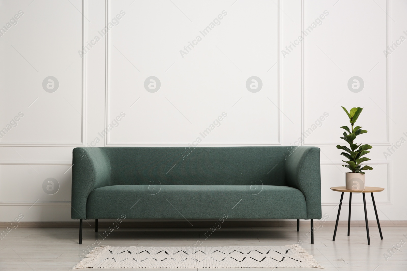 Photo of Stylish sofa and side table with houseplant near white wall indoors