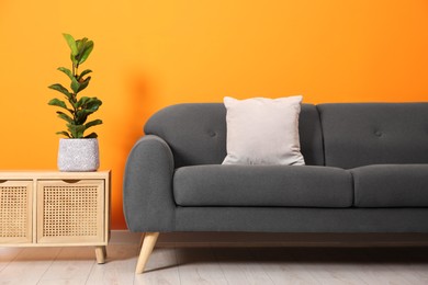 Photo of Stylish sofa, pillow and storage cabinet with houseplant near orange wall indoors