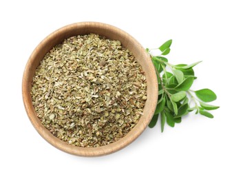 Photo of Dried oregano in bowl and green leaves isolated on white, top view