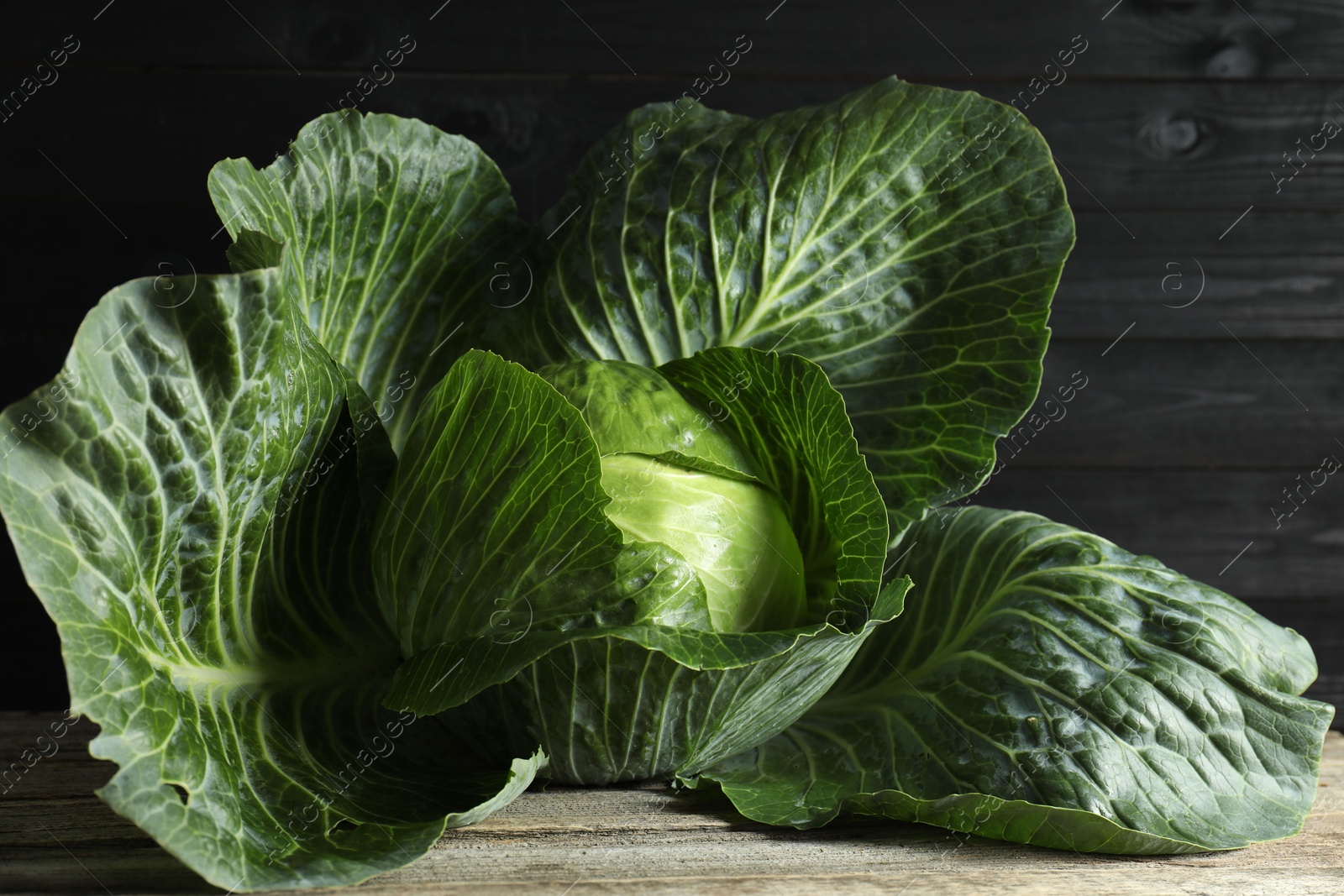 Photo of One ripe head of cabbage on wooden table, closeup