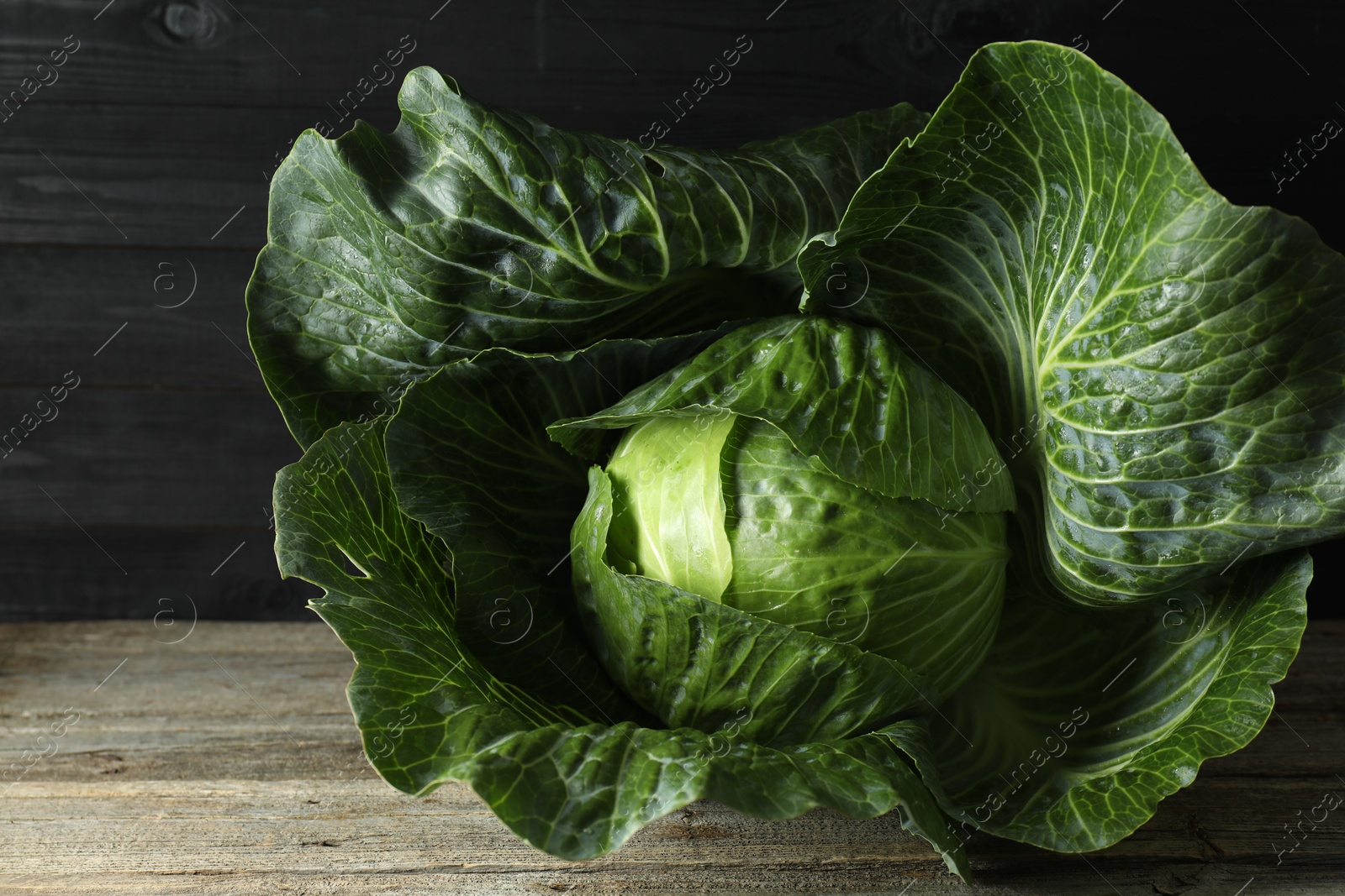 Photo of One ripe head of cabbage on wooden table, closeup