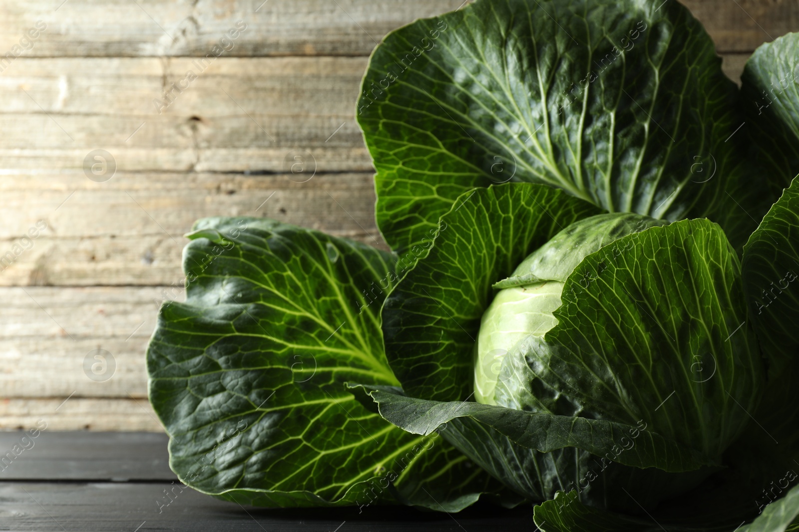 Photo of One ripe head of cabbage on wooden table, closeup