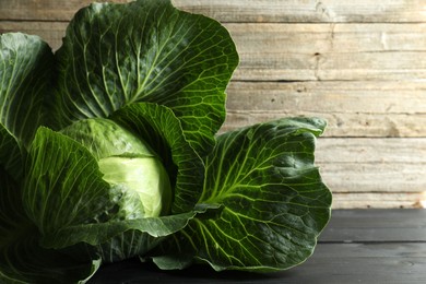 Photo of One ripe head of cabbage on dark wooden table, closeup. Space for text