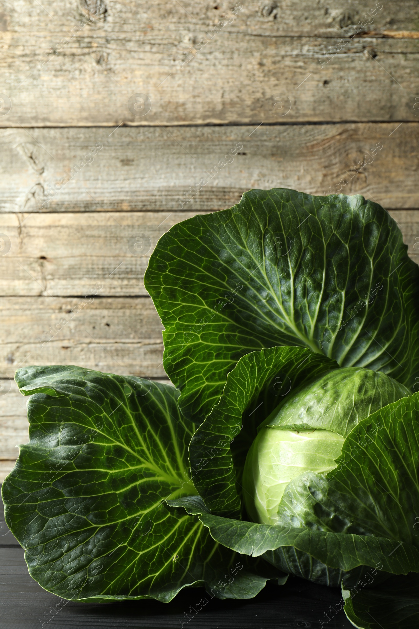 Photo of One ripe head of cabbage on dark wooden table, closeup