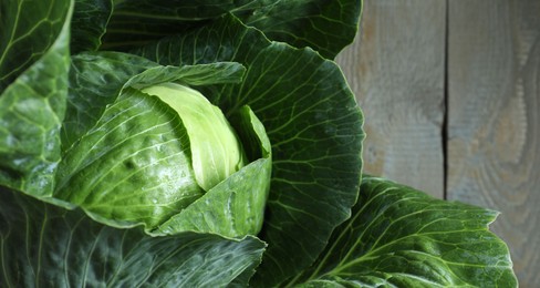 Photo of One ripe head of cabbage on wooden table, closeup