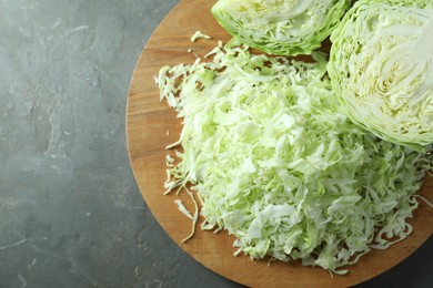 Photo of Fresh shredded cabbage on grey table, top view. Space for text