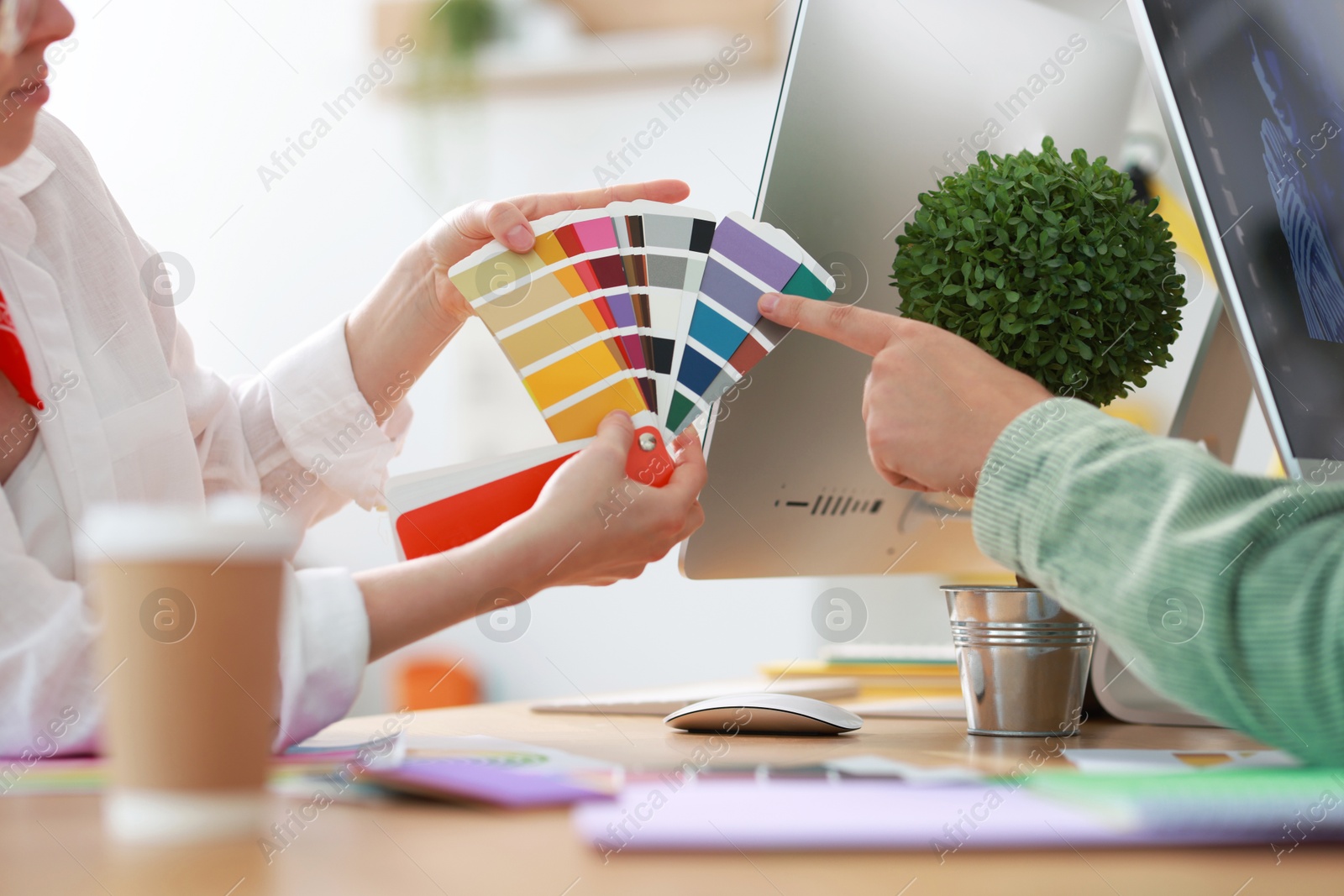 Photo of Designers with color samples working together at table in office, closeup