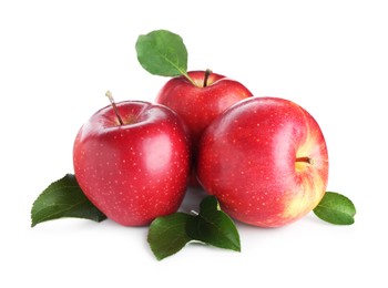 Many fresh red apples and green leaves isolated on white