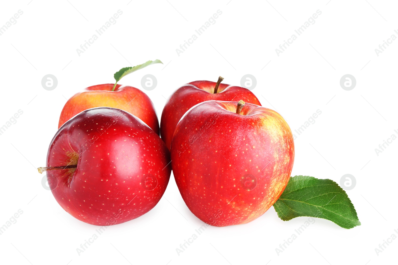 Photo of Many fresh red apples and green leaves isolated on white