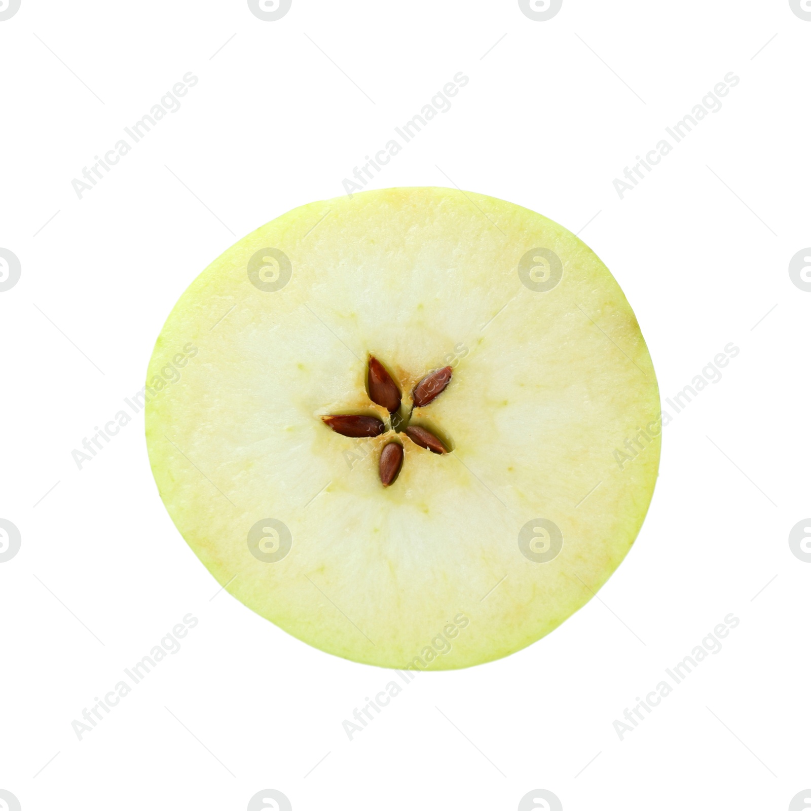 Photo of Half of fresh green apple isolated on white, top view