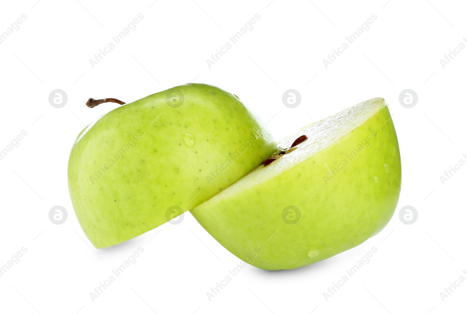 Photo of Halves of fresh green apple isolated on white