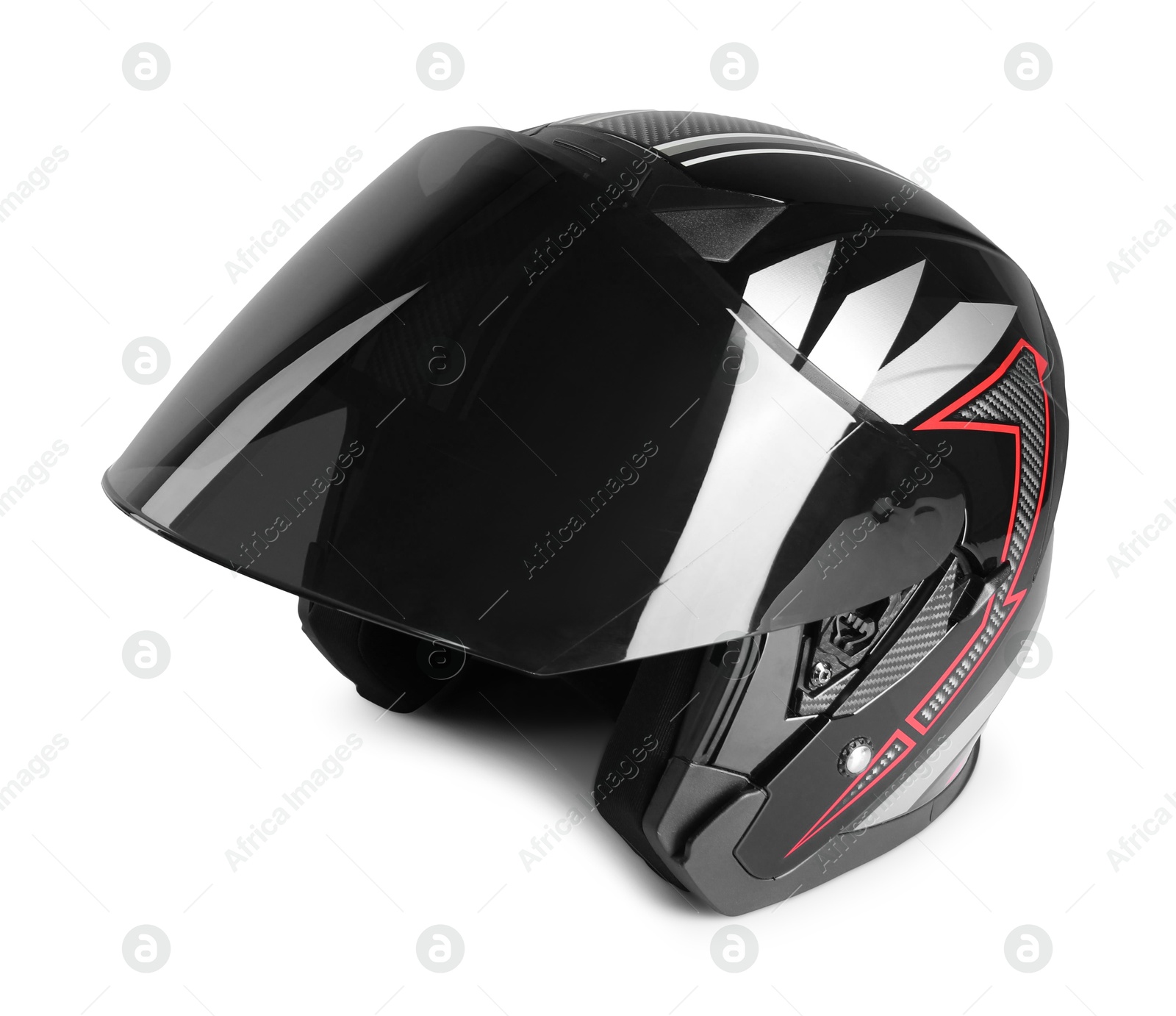 Photo of Modern motorcycle helmet with visor on light background, space for text