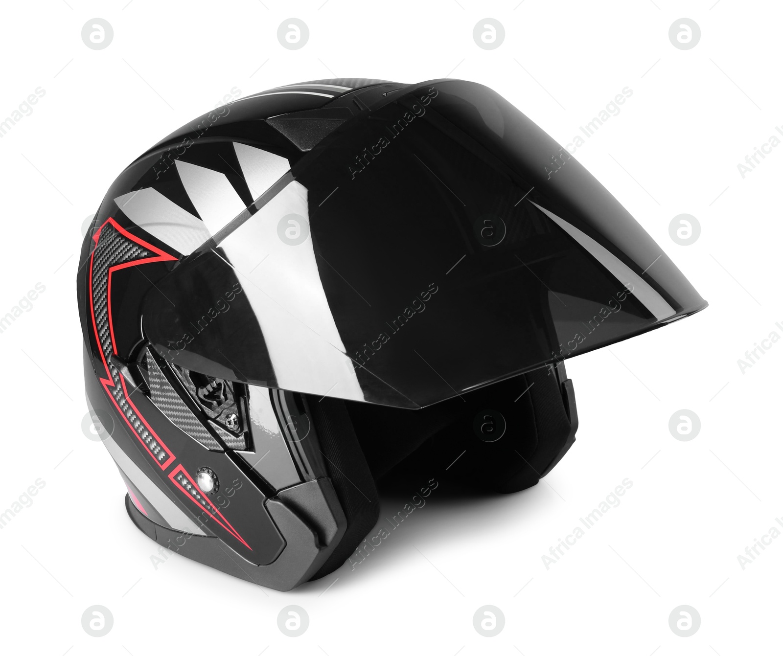 Photo of Modern motorcycle helmet with visor on light background, space for text