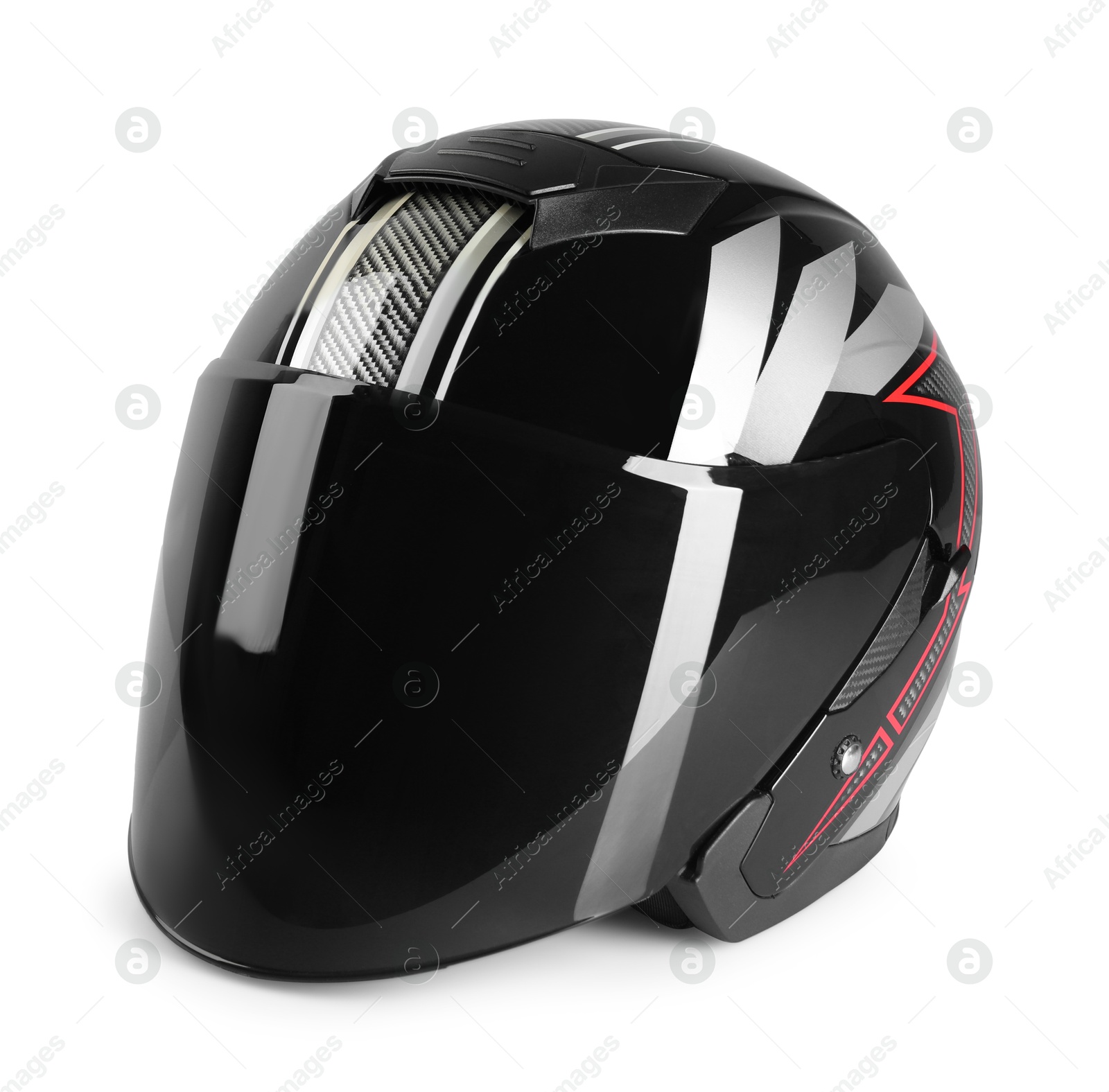 Photo of Modern motorcycle helmet with visor on light background, space for text