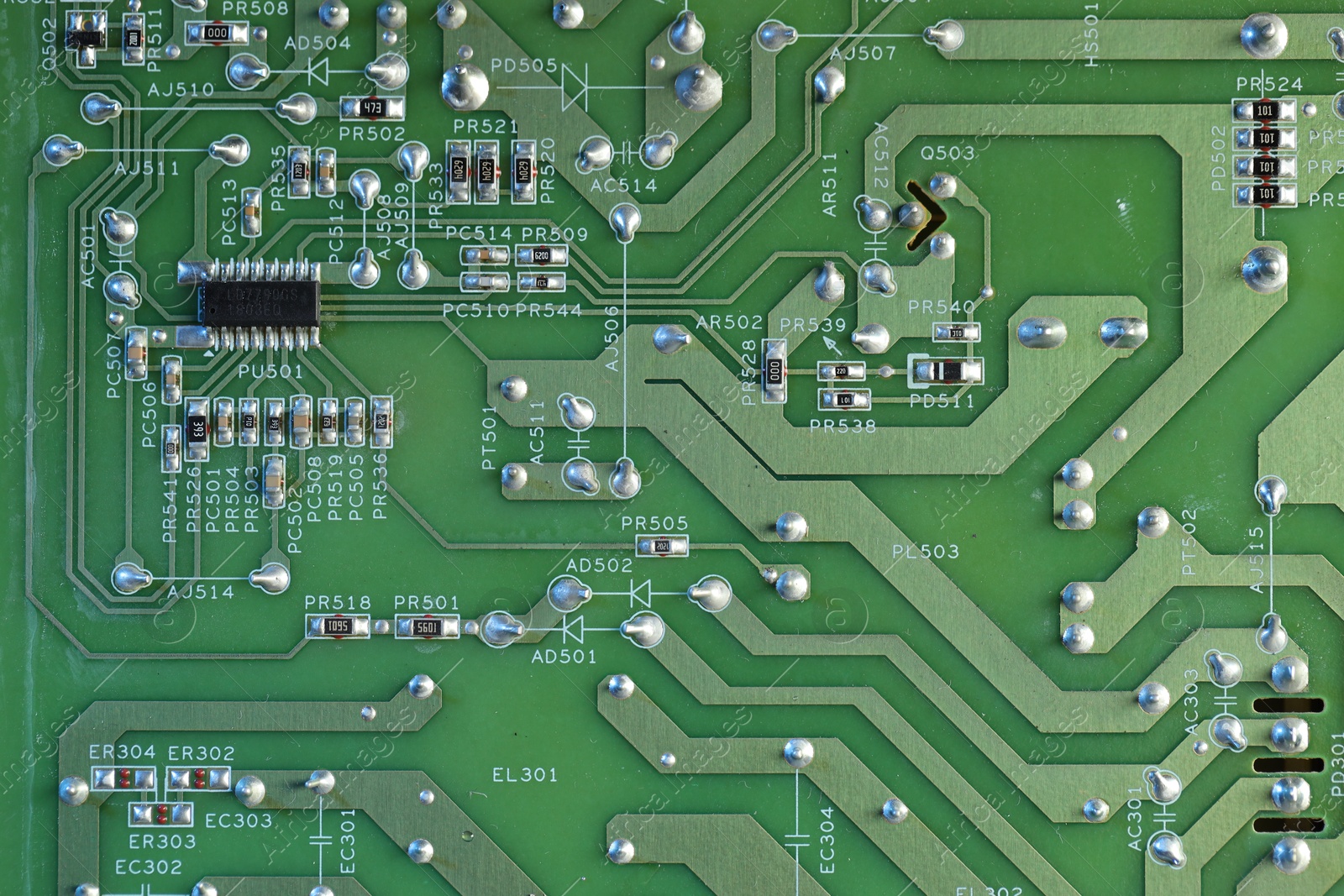 Photo of Electronic circuit board as background, top view