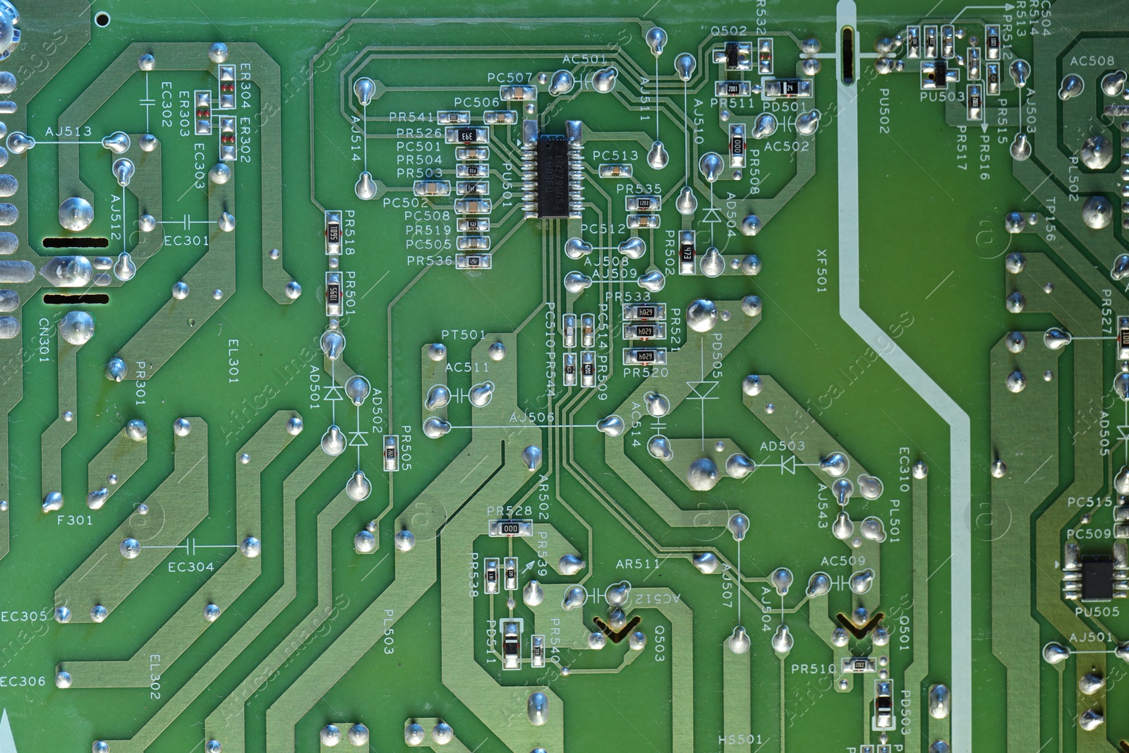 Photo of Electronic circuit board as background, top view