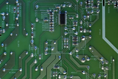 Photo of Electronic circuit board as background, top view