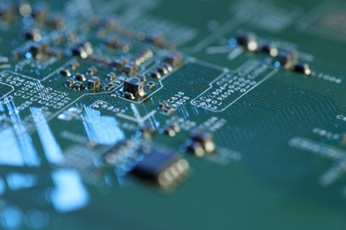 Photo of Computer circuit board, macro view. Electronic engineering