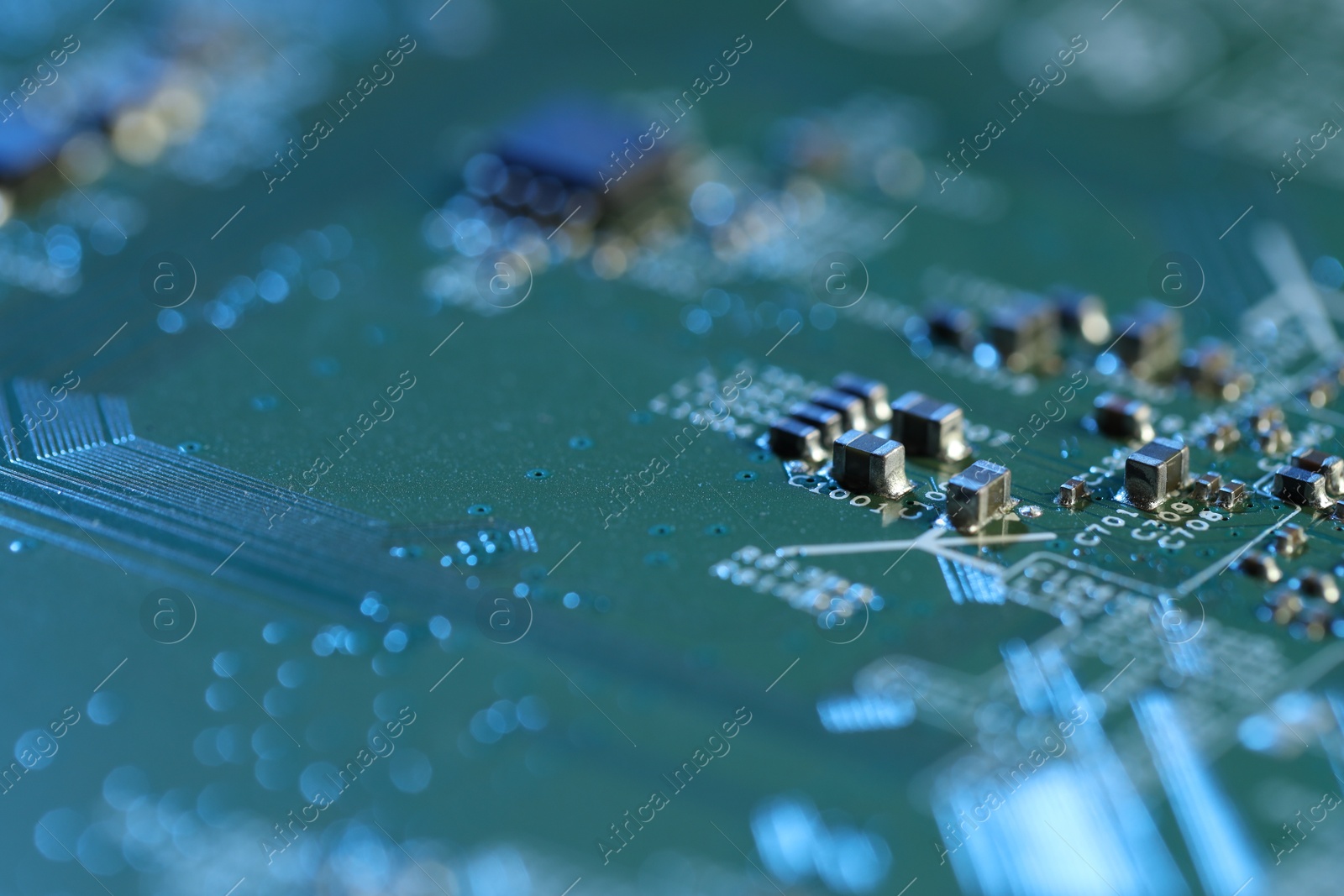 Photo of Computer circuit board, macro view. Electronic engineering