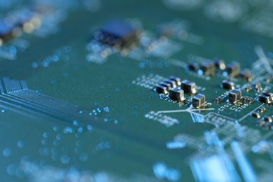 Photo of Computer circuit board, macro view. Electronic engineering