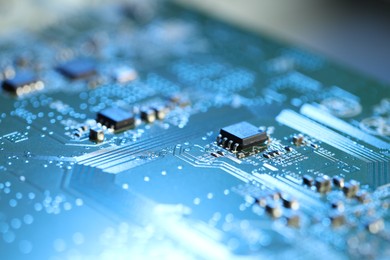 Photo of Computer circuit board, macro view. Electronic engineering