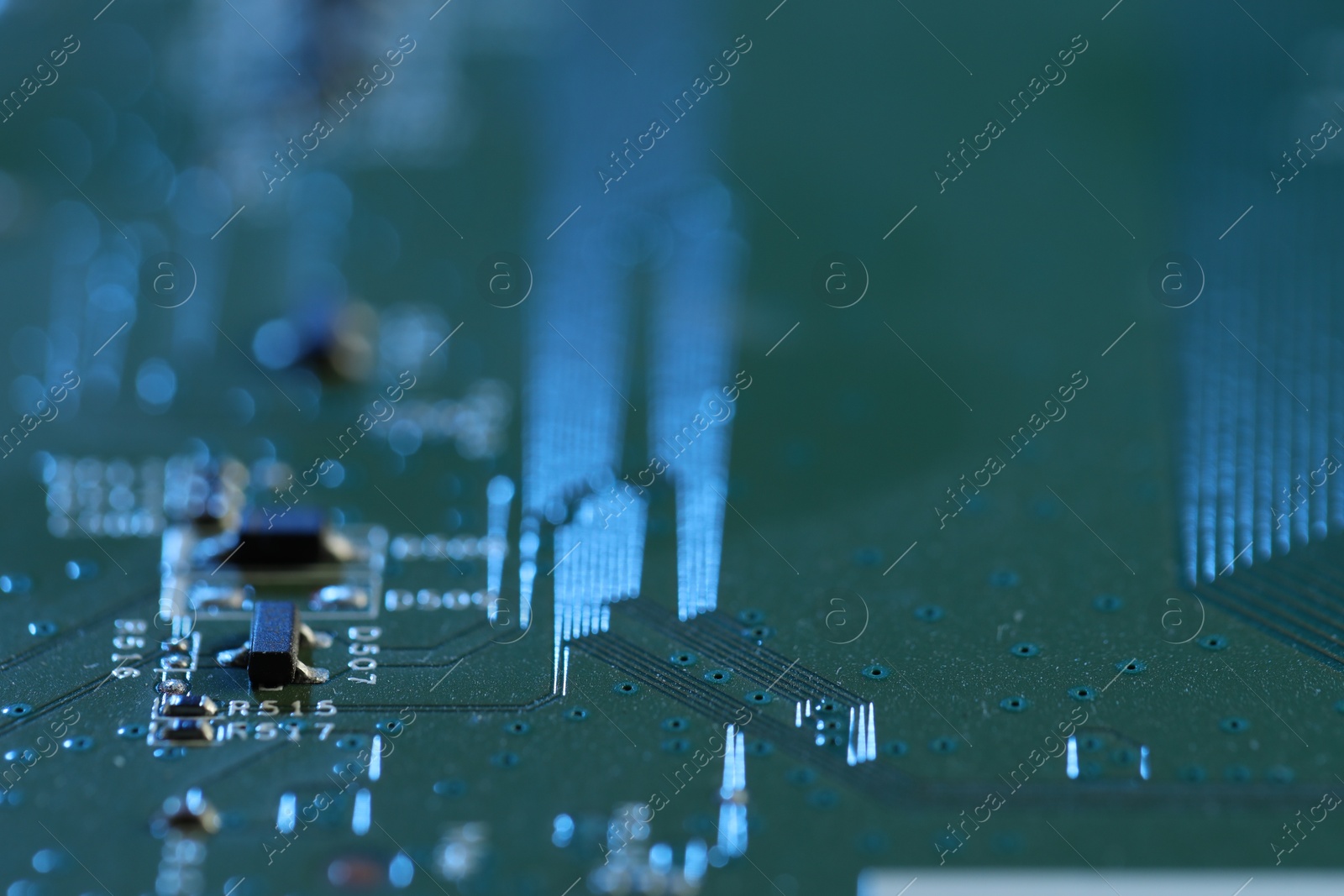 Photo of Computer circuit board, macro view. Electronic engineering