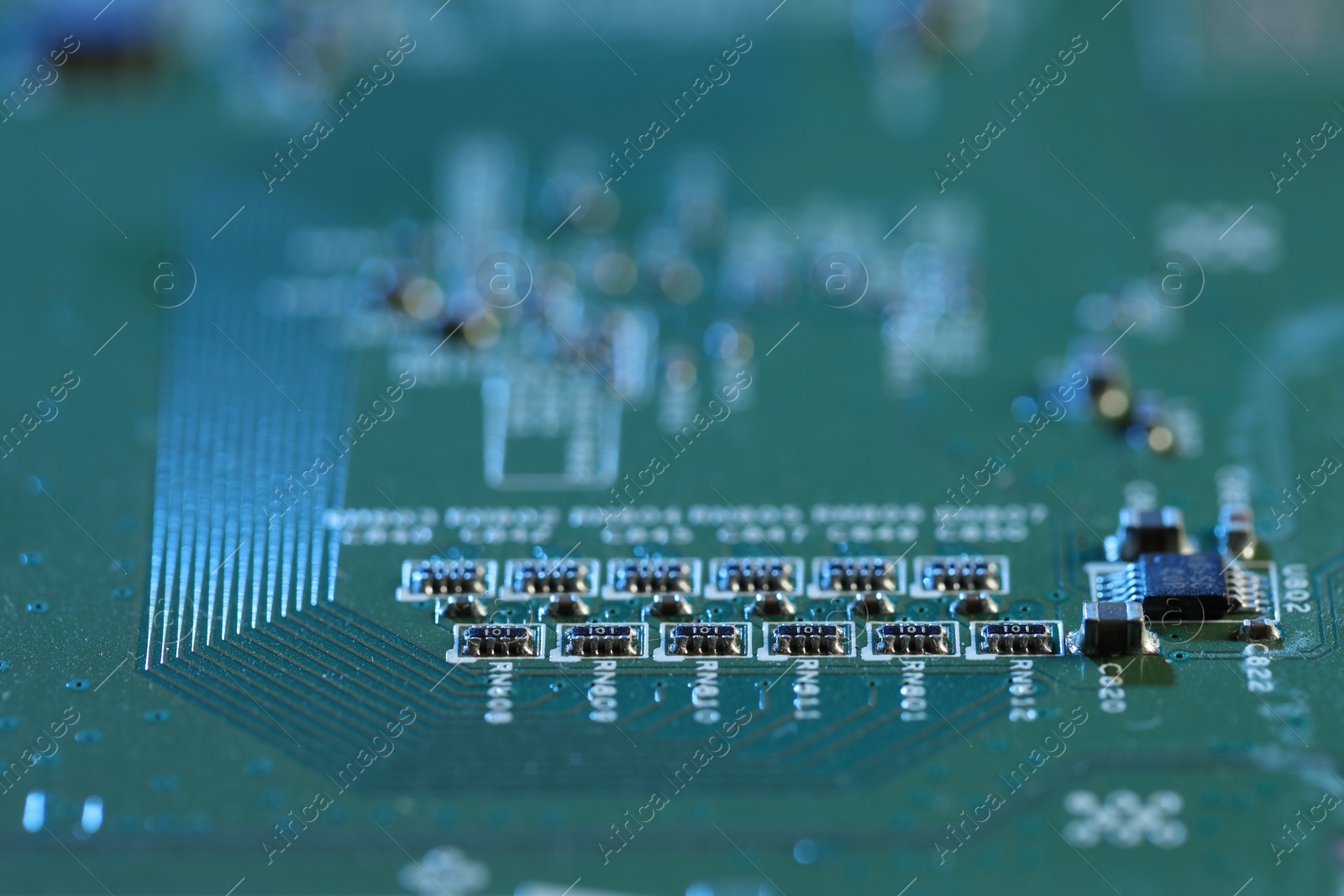 Photo of Computer circuit board, macro view. Electronic engineering