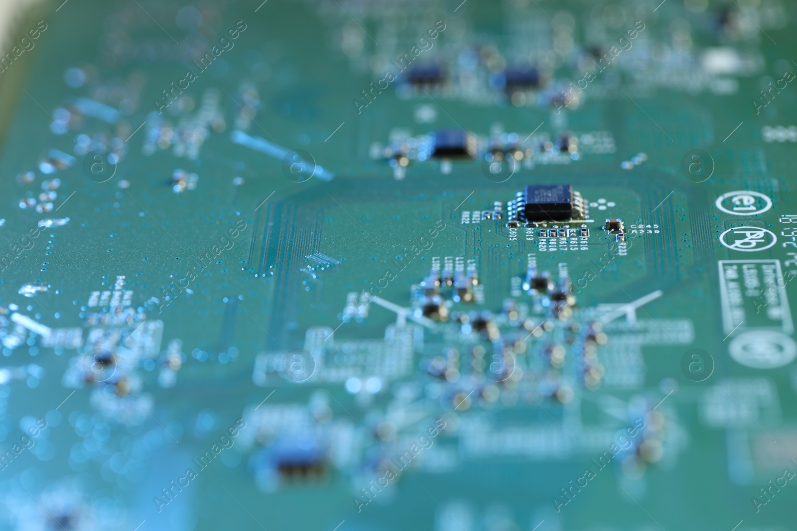 Photo of Computer circuit board, macro view. Electronic engineering