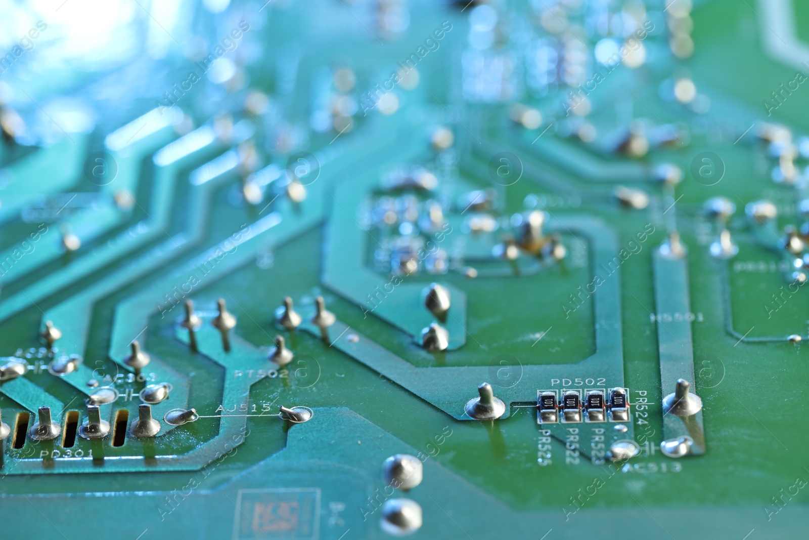 Photo of Computer circuit board, macro view. Electronic engineering